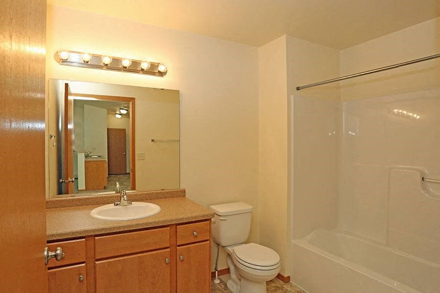 A bathroom with a sink, toilet, and shower.