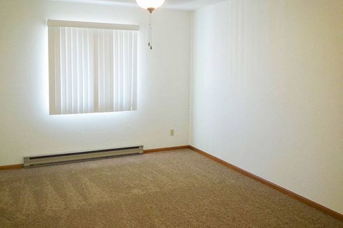 an empty room with a window and a carpet