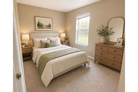 A bedroom with a large bed, a dresser, and a mirror.