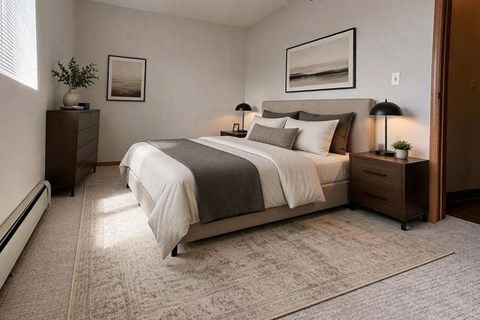 A bedroom with a large bed and a rug on the floor.