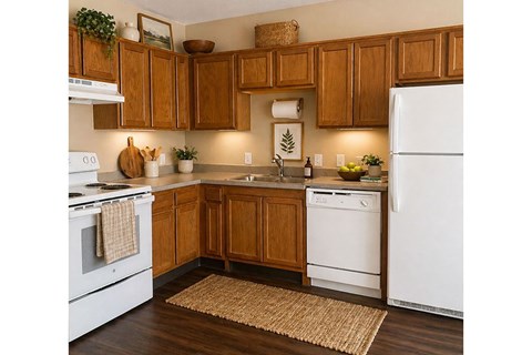 A kitchen with wooden cabinets and white appliances.
