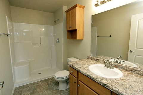 a bathroom with a sink toilet and a shower
