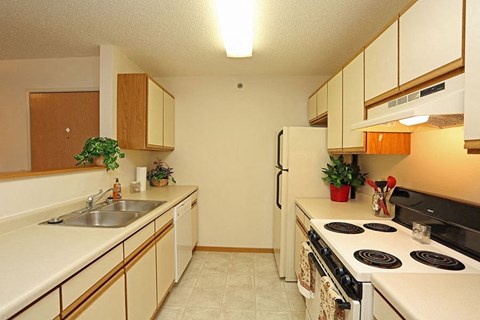 a kitchen with a stove and a sink and a refrigerator