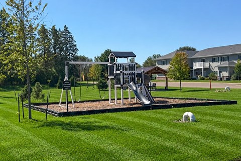 A playground with a slide and a swing set.