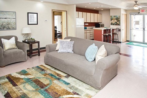 a living room and kitchen with a couch and a rug