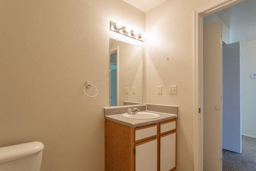 a bathroom with a sink and a mirror and a toilet