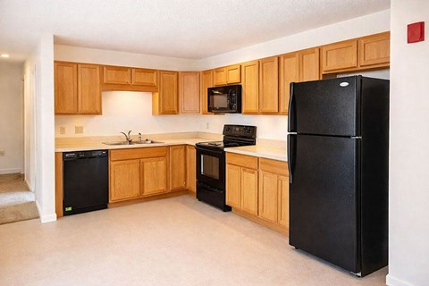 A kitchen with black appliances and wooden cabinets.
