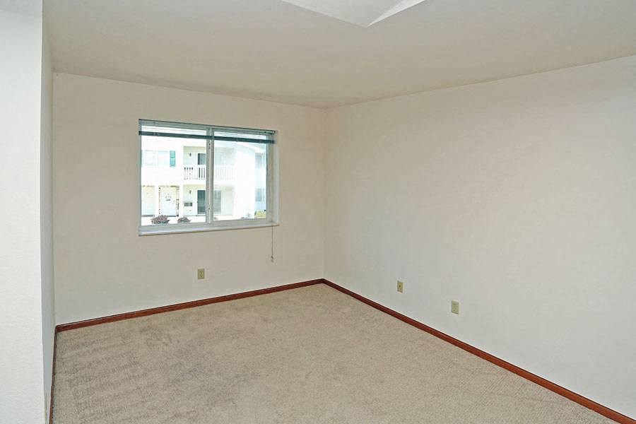 an empty room with a window and a carpet
