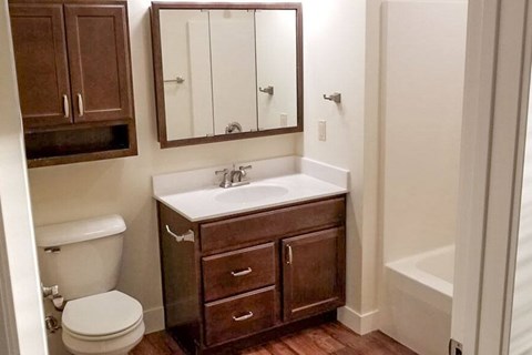 A bathroom with a toilet, sink, and mirror.