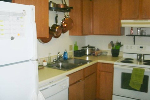 A kitchen with a white refrigerator and wooden cabinets.
