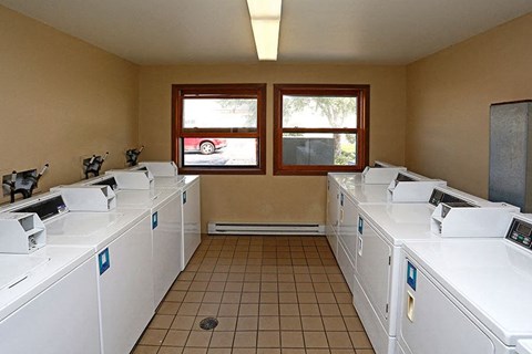 A laundromat with rows of washers and dryers.