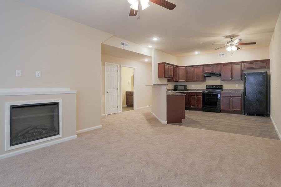 a living room with a fireplace and a kitchen