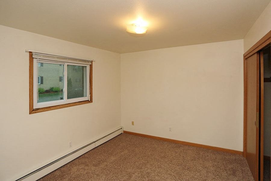 an empty living room with a window and a carpet