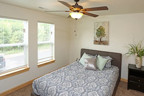 a bedroom with a bed and a ceiling fan