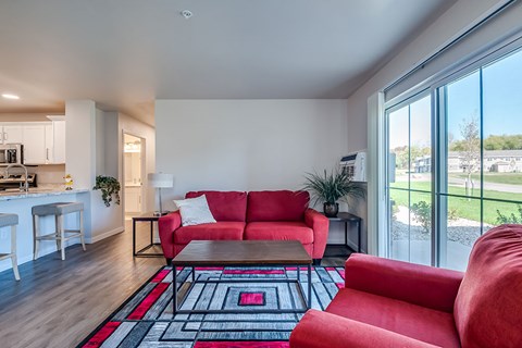 A living room with a red couch and a black and white rug.