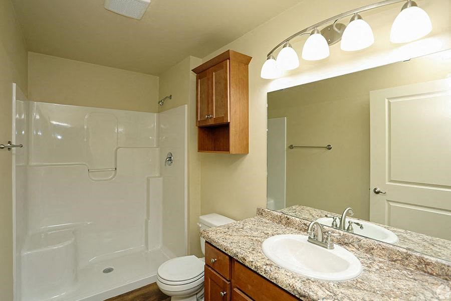 a bathroom with a sink toilet and a shower