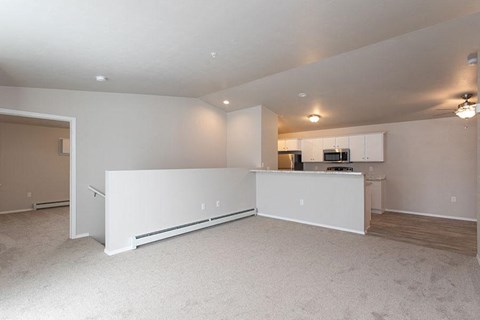 A spacious living room with a white cabinet and a carpeted floor.