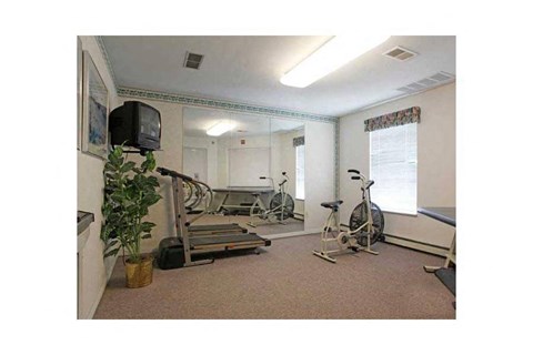 a home gym with exercise equipment and a tv