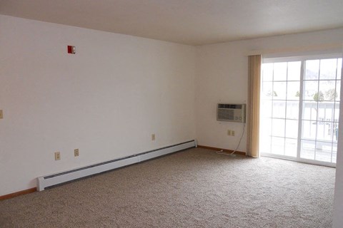 A room with a carpet floor and a window.