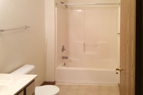 a bathroom with a shower and a toilet and a sink