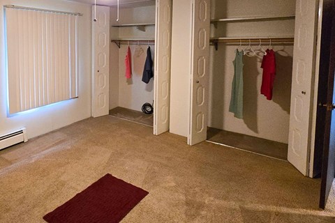 A room with a carpet and a closet with clothes hanging.