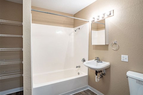 a bathroom with a tub and a sink and a mirror