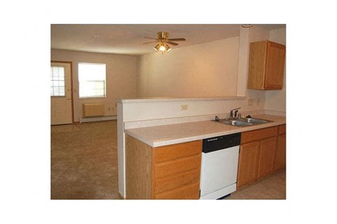 A kitchen with a white countertop and wooden cabinets.