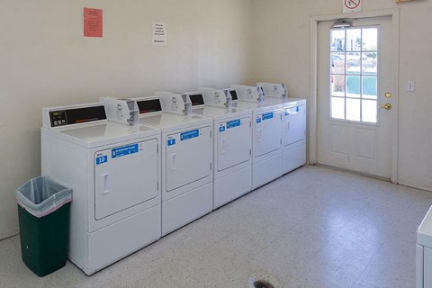 A row of washing machines are lined up in a room.