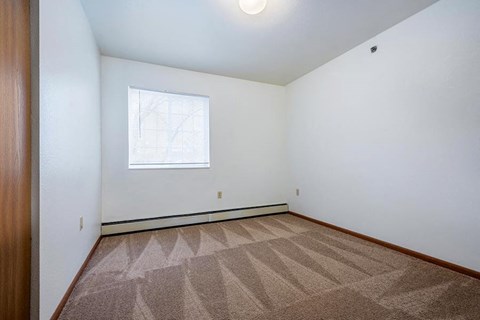 A room with a carpet and a window.