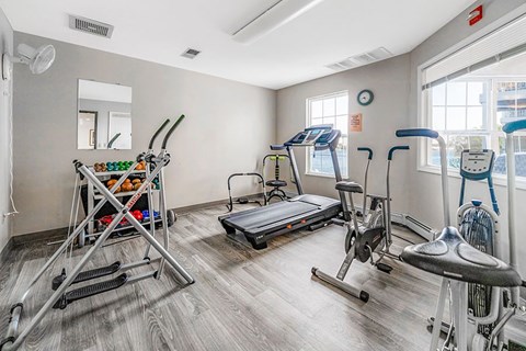 A gym with a variety of equipment including a treadmill, a stationary bike, and a rowing machine.