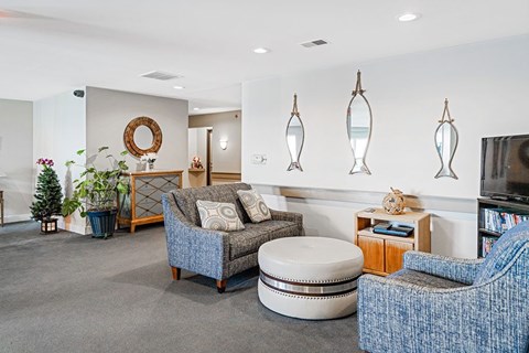 A living room with a grey couch, a round ottoman, and a television.