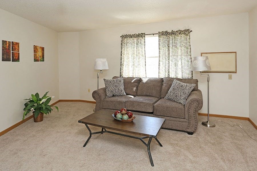 a living room with a couch and a coffee table