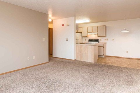 an empty room with a kitchen and a carpet floor