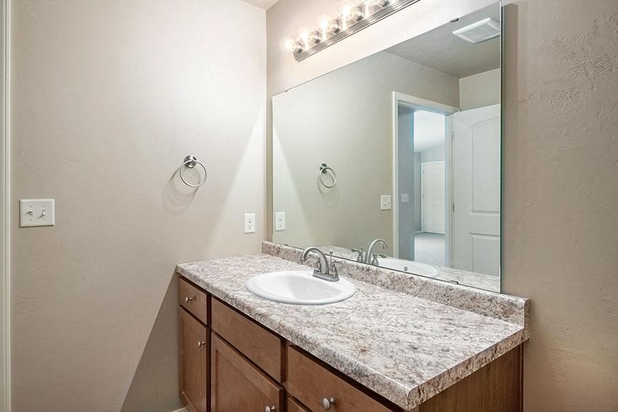 a bathroom with a sink and a large mirror