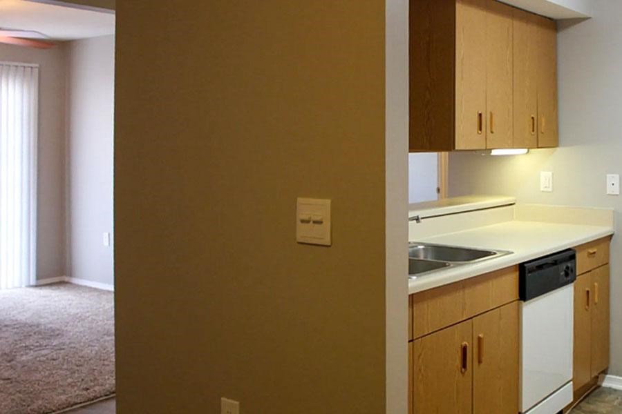 A kitchen area with a sink, dishwasher and cabinets.