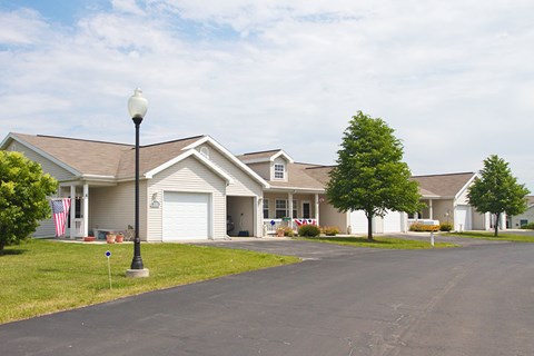 A street view of a residential area with houses and a street light.