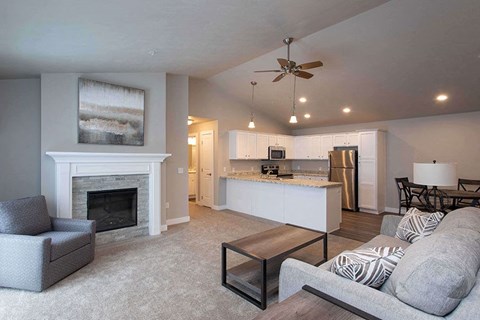 A living room with a grey couch, a fireplace, and a ceiling fan.