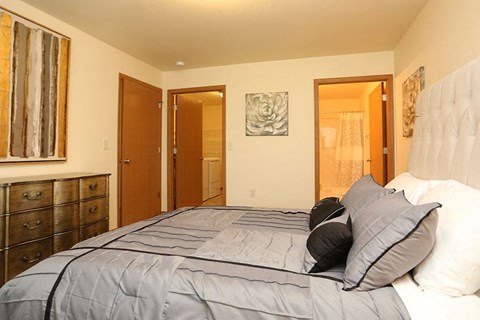a bedroom with a large bed with pillows