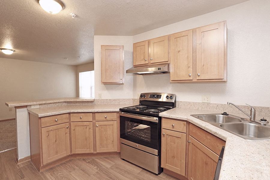 a kitchen with a stove and a sink