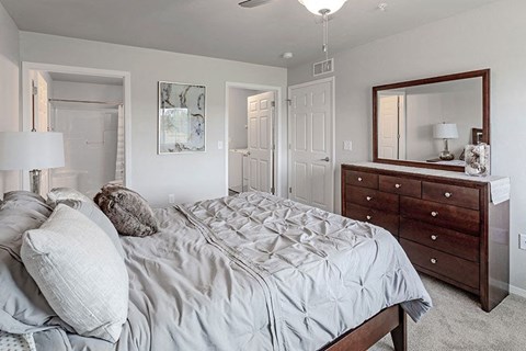 a bedroom with a bed and a dresser