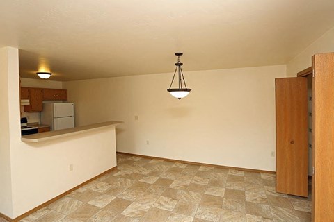 a empty living room with a kitchen and a light