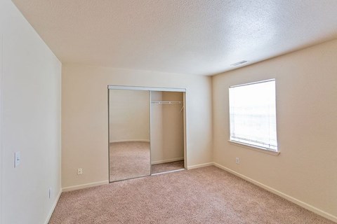 an empty bedroom with a mirrored closet