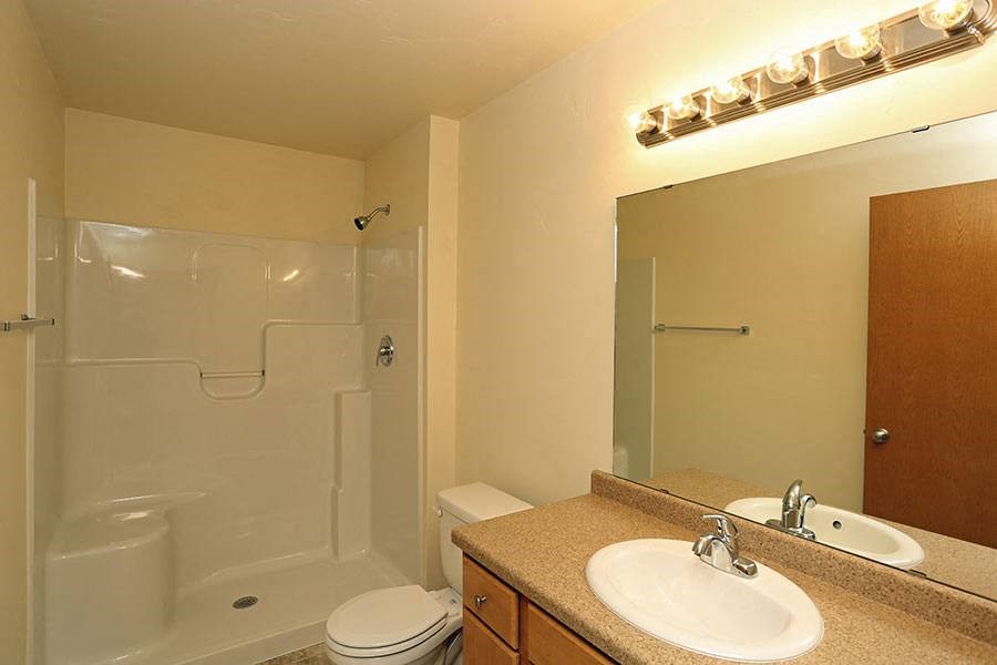 a bathroom with a sink toilet and a shower