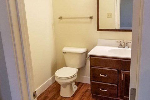 A white toilet sits next to a sink in a small bathroom.