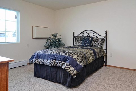 A bedroom with a bed, carpet, and a plant.