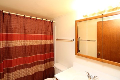 A shower curtain with red and brown stripes hangs over a white bathtub.