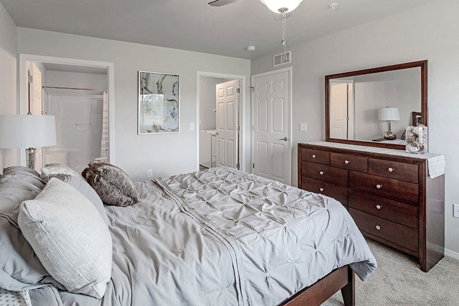 a bedroom with a bed and a dresser