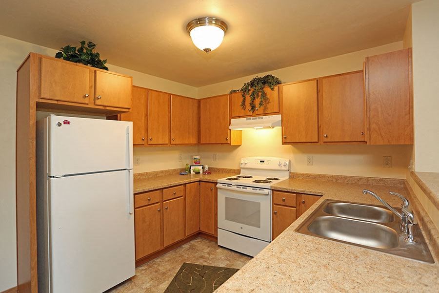 a kitchen with a stove refrigerator and a sink
