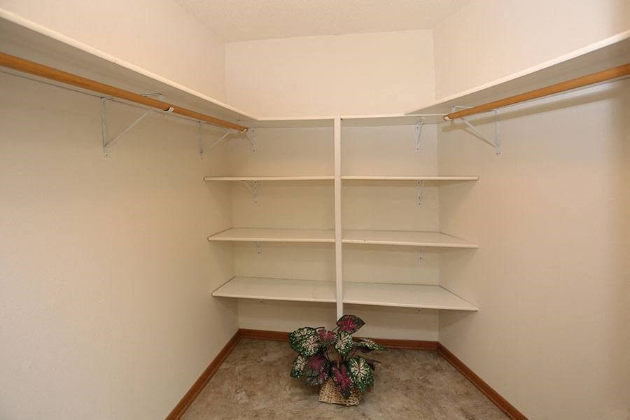 a closet with white shelves and a plant on the floor