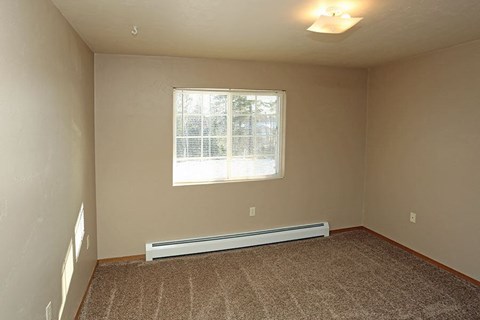 an empty room with a window and a carpet